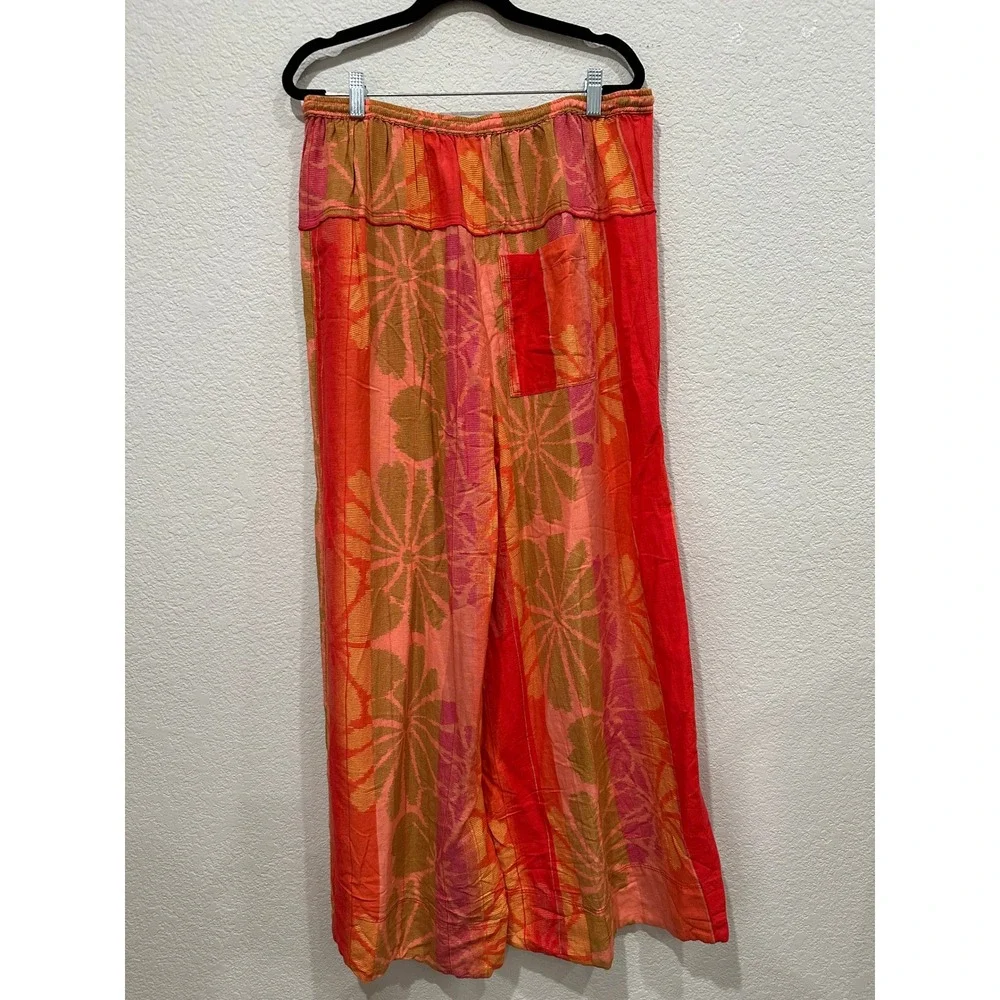 Free People Sunset Floral Wide Leg Pants Orange Red Cotton Linen Blend Medium
